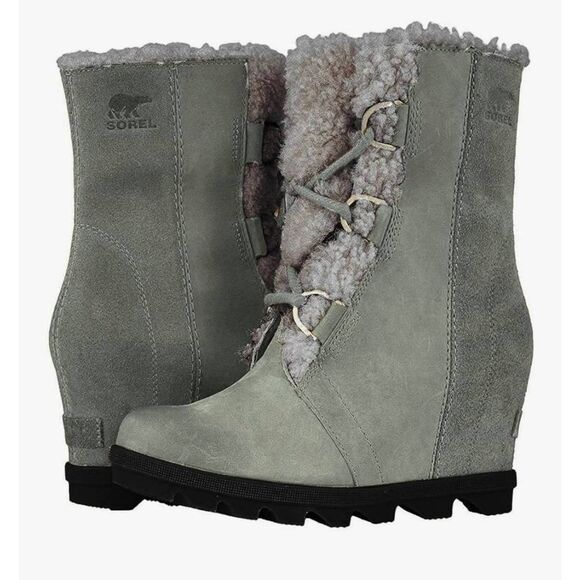 Sorel Joan of Arctic Wedge II Shearling Boots Size 9 Women's Gray Lace Up - Picture 1 of 7